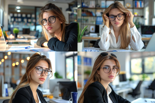 职业女性工作，专注表情，办公室环境，暖光照明，近景镜头，自然光，柔和色调，眼睛疲劳，专业着装，舒适氛围。