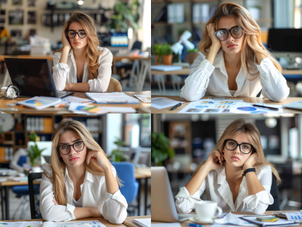 职业女性工作，专注表情，办公室环境，暖光照明，近景镜头，自然光，柔和色调，眼睛疲劳，专业着装，舒适氛围。