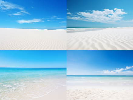 白色沙滩与蓝天，简洁背景，广阔视野，沙滩细腻，天空湛蓝，无云，自然光线，广角镜头，平静，清新，宁静。