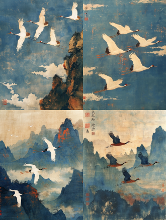 飞翔的鹤，蓝天，白云，群山，天际线，高雅的，冷静的，三等分构图，青灰蓝色调，明快的色彩，宁静的氛围，柔和的光线，宏大场景，对称构图，中国画风格，宋朝工笔画风格