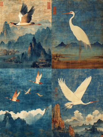 鹤在蓝天白云群山之上飞翔，天际线为背景，高雅冷静，三等分与对称构图，青灰蓝调，明快色彩，柔和光，宏大宁静，工笔画风格。