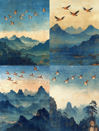 蓝天与白云下飞鸟越过群山，天际线清晰，三等分与对称构图，宋画风格工笔描绘，青灰蓝调，柔和光，宏大宁静。