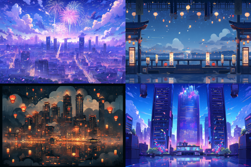 城市天际线，摩登城市，灯笼，云彩，烟花，高级感，节日氛围，矢量插画，对称构图，线稿图