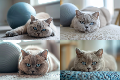 一只成年的英国短毛猫，圆润的猫脸，蓝色的瞳孔，趴在瑜伽球后面，露出猫咪的头部，室内环境，柔和光线，清新色彩，安静的氛围
