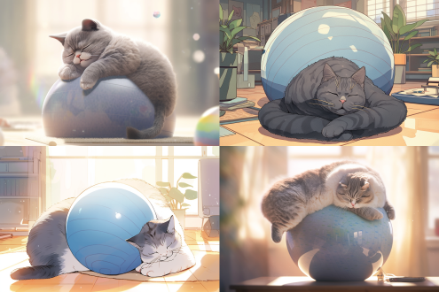 一只成年的英国短毛猫，圆润的猫脸，蓝色的瞳孔，趴在瑜伽球后面熟睡，室内环境，柔和光线，清新色彩，安静的氛围，自然光，日式漫画风格