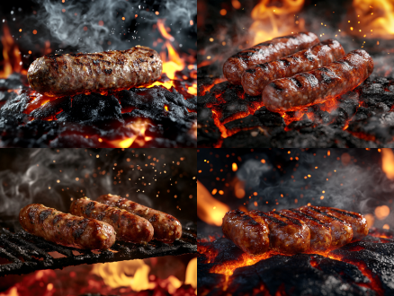 焦脆肉肠特写，火山岩烤架背景喷射火焰，油滴飞溅动态捕捉，暗红色岩浆纹理，烟雾粒子环绕，低角度硬光，f/5.6大光圈，8k超清质感，食物摄影大师风格