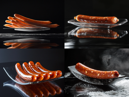 亚克力斜台肉肠阵列，酱料抛物线长曝光，大理石纹倒影，单侧硬光投影，超现实构图，深空黑色背景，德国包豪斯设计风格，高反差明暗处理