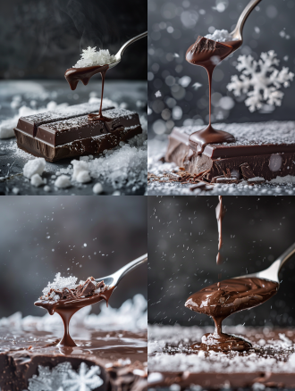 液态巧克力从银色大勺缓慢流动到大片巧克力块的镜头，在巧克力块上缓慢层叠逐渐覆盖，远处巧克力已凝固，霜花结晶生长过程显微拍摄，冷雾环绕液态镜面反光，凝固后表面雪花纹路，实验室级纯净背景，潘通cool gray 11c主色调，景深引导线构图