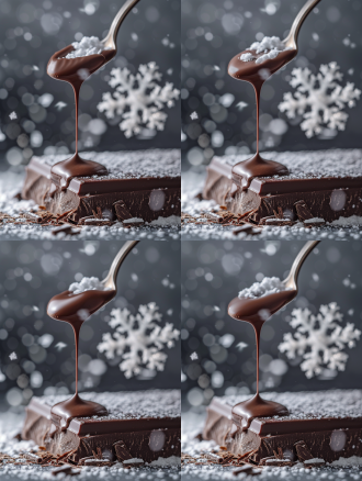 液态巧克力从银色大勺缓慢流动到大片巧克力块的镜头，在巧克力块上缓慢层叠逐渐覆盖，远处巧克力已凝固，霜花结晶生长过程显微拍摄，冷雾环绕液态镜面反光，凝固后表面雪花纹路，实验室级纯净背景，潘通cool gray 11c主色调，景深引导线构图