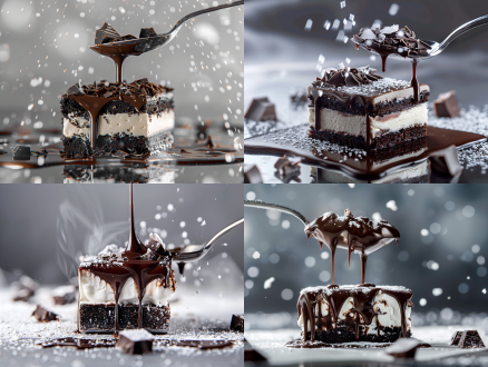 液态巧克力从银色大勺缓慢流动到黑白分层的方形奶油蛋糕上，在奶油蛋糕上缓慢形成一层巧克力层逐渐覆盖蛋糕，远处是成块的巧克力块，霜花结晶生长过程显微拍摄，冷雾环绕液态镜面反光，凝固后表面雪花纹路，实验室级纯净背景，潘通cool gray 11c主色调，景深引导线构图