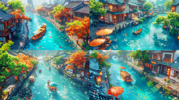make a poster of the the pure brightness festival, a river runs throught the city, some little boat in the river, boat, poets, blue turbulence, light rain, raindrops fall into the river, paper umbrellas and pedestrians, bright background, clear contour light, warm cyan, saturated color scheme, long shot, quixel megascan rendering, chuanxi style, dreamy mist, ultra hight definition, ray tracing