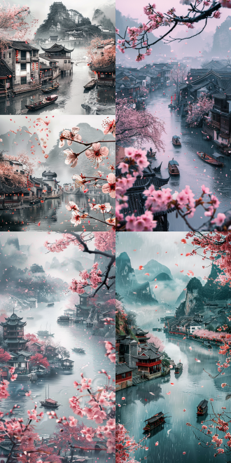 清明海报，樱花绽于溪岸，花瓣随雨落水，乌篷船行驶，古镇有游客，山间云雾，俯瞰三等分构图，冷色调，长焦，顶光。