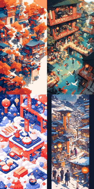 panoramic flat illustration of snow-covered chinese courtyard, extended family reunion dinner under floating lanterns in pantone 2416c, geometric snowflakes with gradient transparency, stylized steam rising from dumpling baskets as curved color blocks, red envelope patterns repeating in background, isometric perspective with layered paper-cut clouds, glowing window lattice shadows in coral accents, minimalist line art facial expressions with cheek blush effect