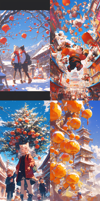 a poster for chinese newyear, clear and blue sky, #9a0000 dominant color, red lantern, backpacker, persimmon tree and persimmon, snow cover the top of mountain, light smoke rises from the house, children play on the street, warm atmosphere, fireworks and firecrackers, three-quarter composition, illustration, modern, romanticism, from below, perspective, reflection light, uhd, 16k