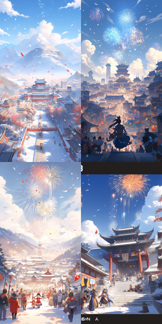 a poster for chinese newyear, clear and blue sky, #9a0000 dominant color, beautiful countryside, villa on the mountain, persimmon tree and persimmon, snow cover, light smoke rises from the house, children play on the street, warm and happy atmosphere, fireworks, three-quarter composition, illustration, from below, perspective, reflection light, vanishing point, uhd, 16k