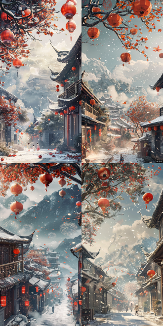a poster for chinese newyear, #9a0000 dominant color, beautiful countryside, villa on the mountain, persimmon tree and persimmon, snow cover, red lanterns, light smoke rises from the house, children play on the street, warm and happy atmosphere, fireworks, three-quarter composition, from below, vanishing point, negative space, ray tracing, wide shot, uhd, 16k