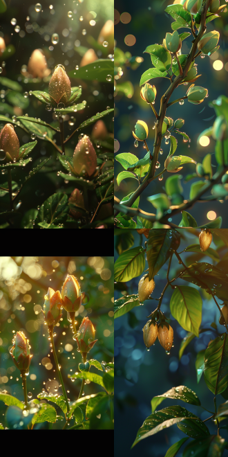 raindrops fall on the tender buds of the chinese toon, slowly sliding across the leaves and landing on the younger ones below., chiaroscuro, depth of field, ray tracing, close-up, perspective, cinematic lighting, high detail, uhd, high quality
