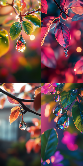 a big water drop fell on the tender buds of the chinese toon. the sunlight shone on the crystal clear water drop, emitting a riot of colors on the leaves, #1cba6e dominant color, chiaroscuro, depth of field, ray tracing, close-up, perspective, uhd, high quality