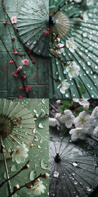 梅花飘落油纸伞，雨滴溅落顺流青砖地，俯视构图，青灰色暗调，微距镜头，顶光，慢快门，静谧。