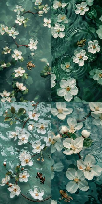 梨花飘落水面，青蛙游近，对角线构图，俯视视角，青绿色调，阴天散射光，电影色彩，微距镜头，静谧氛围。