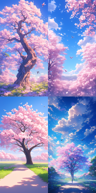 morning, swallows fly over cherry blossom tree, a warm pink and blue color scheme, side lighting from the sun, dynamic, aerial view, and dreamy, cool tone, bright picture style, anime style, ray tracing, polar opposites, symmetry, from above, atmospheric perspective, pov, panorama, cinematic lighting