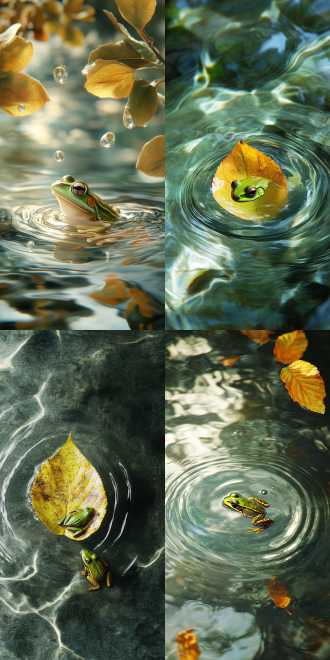a pear of chimonanthus praecox fall on water, water ripple, landing on clear water, a frog swims slowly over, with a greenish hue, water ripples, diagonal composition, test back lighting, low-key tones, cool tones, cinematic lighting, ray tracing, reflection light, polar opposites, wide shot, from above