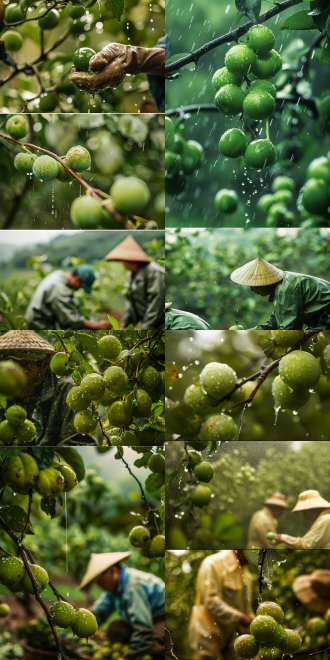 green plum fruits are ripening and hanging on the branches, fine rain dripping on the fruit, farmers wearing straw raincoats bending over to plant seeds, three-part composition, countryside, medium to long telephoto, diffused light, warm green tones, labor, vitality, polar opposites, close-up, projected inset, reflection light