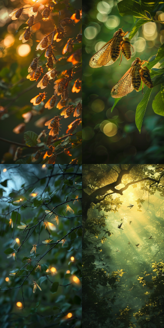 黄昏知了在树枝鸣叫，树叶被微风吹动，三分法构图，森林环境，长焦镜头，暖光，动态模糊，黄绿暖色调，宁静。