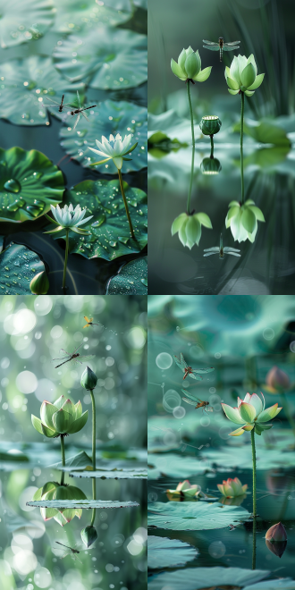 清澈池水荷花待放，两只蜻蜓飞过，对称构图，青绿色调，户外池塘，微距镜头，顶光，慢快门，平静，清新。