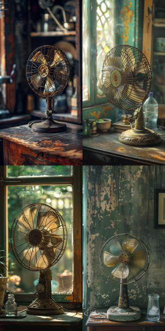 旧电风扇快速旋转，桌面仅冰水冰淇淋，三分法构图，复古风，室内，长焦镜头，顶光，冷色调，宁静氛围。