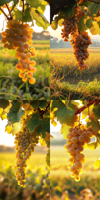 large grapes hang from the tree, the edges of the green leaves are tinged with yellow, in the distance there are golden rice fields, a three-part composition, warm and light tones, a rural setting, side backlighting, a gentle breeze, and a tranquil warmth, 85mm, polar opposites, vanishing point, backlighting