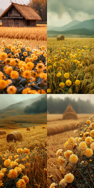 a golden chrysanthemums in full bloom, haystacks in the rice field, rural scenery, overcast, warm yellow dominant tone, open and tranquil atmosphere, bloom, negative space, polar opposites, 85mm, from below, atmospheric perspective