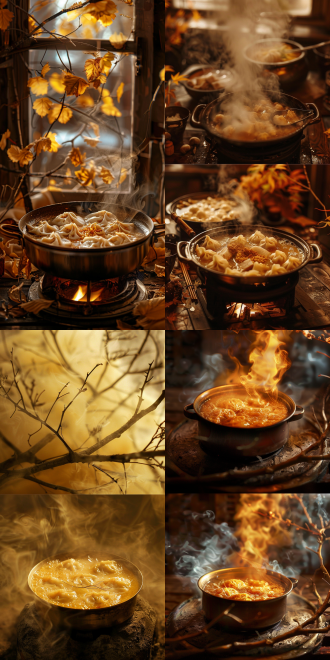枯枝旁饺子火锅暖炉，三分法构图，室内温馨场景，暖黄色调，微距镜头，顶光，静态，和谐氛围。