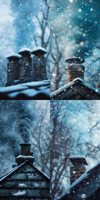snowflakes fall onto the rooftop on a light snow day, blue smoke rises from the chimney, three-part composition, rural setting, cool tones, slow shutter speed, serene, depth of field, reflection light, backlighting, polar opposites, 135mm, close-up, from below