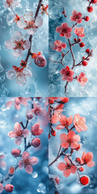 冰凌下梅花绽放，雪地有脚印，旁置暖手炉，对称构图，冷蓝暖红对比，微距镜头，逆光，静谧氛围。