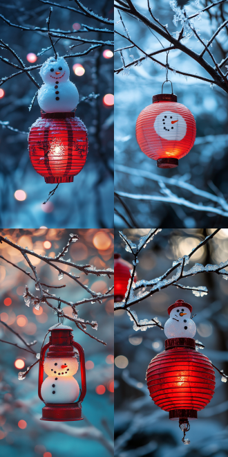ice crystals in empty branches adorned, snowman outdoor, red lantern, outdoor setting, contrast of cool blue and warm red, and a cool, serene atmosphere, festive atmosphere, backlighting, chiaroscuro, backlighting, from below, polar opposites, panorama, 85mm
