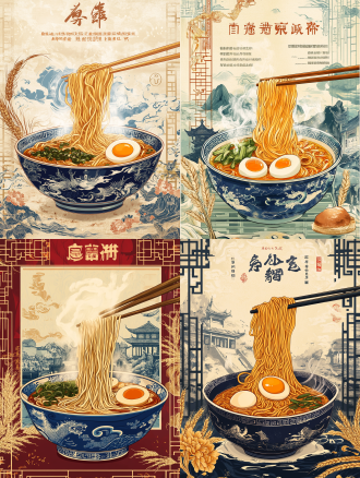 创作一幅浓郁中国风的面食主题海报，画面中央呈现一碗热气腾腾的传统手擀面，细长面条缠绕在青花瓷碗中，搭配红油汤底、翠绿葱花和金黄煎蛋。背景采用水墨山水风格，融入麦穗、蒸笼、竹筷元素。左侧加入戴头巾的师傅拉面动态瞬间，右侧点缀牡丹花纹样。色调以朱红、黛青、暖金为主，搭配宣纸质感背景。顶部用书法字体书写'中华面道'标题，底部融入传统窗棂边框。整体画面需展现热气缭绕的动感，突出中式面食的匠心与文化传承。