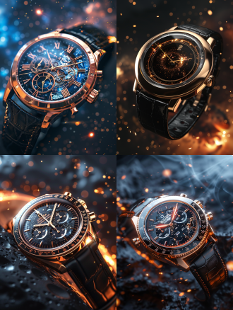 创作一张深空主题的高端腕表视觉海报，主体为悬浮在暗夜星云中的机械腕表。表盘使用陨石纹理材质，蓝宝石水晶玻璃折射出银河光晕，玫瑰金表壳泛着微光。背景采用深靛蓝与炭黑渐变，融入若隐若现的齿轮矩阵光影。表带呈现鳄鱼皮纹路与钛金属拼接设计，秒针拖曳出粒子光轨。左侧用极细光束投射品牌铭文，右侧添加暗金流体金属元素。整体采用电影级光影层次，强化表盘内精密机械结构的立体雕刻感，顶部添加星尘光晕特效，底部保留负空间营造呼吸感。色彩控制在黑金主色调，搭配深空蓝与火星红点缀。背景设计：深空渐变+动态齿轮投影（暗示精密机械） 材质表现：陨石表盘/蓝宝石玻璃/鳄鱼皮纹路（三重奢华质感） 光影策略： 主光源：45°侧向聚光灯（突出表壳反光） 辅助光：底部漫反射冷光（增强玻璃通透感） 特效光：星尘粒子+秒针光轨（增加动态科技感） 色彩公式： 主色：#0a0a12（宇宙黑） / #d4af37（黄金色） 辅色：#2e4372（深空蓝） / #b87333（铜锈红）