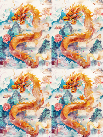 chinese ink painting style, majestic golden dragon coiling through colorful clouds, dynamic diagonal composition, traditional chinese mountain landscape in background, vibrant gradients of crimson and cyan, splashed ink texture, auspicious cloud patterns, traditional paper texture, sharp claw details, flowing dragon whiskers, long exposure motion effect, traditional festival elements (lanterns/peonies),