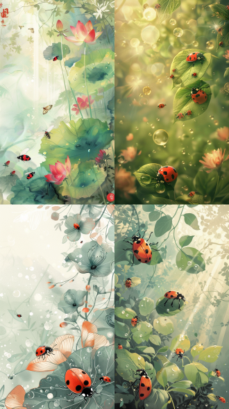 illustration style, insects awakening in early spring, detailed ladybugs and butterflies on fresh leaves, dew drops reflecting sunlight, soft pastel color palette, traditional chinese floral patterns, intricate textures on insect wings, warm sunlight filtering through trees,