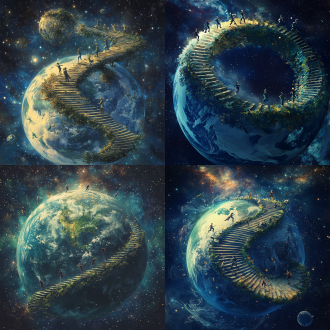 一个充满奇幻色彩的地球，地球外围绕着一圈透明的悬浮台阶，台阶呈现出螺旋上升的形状，仿佛连接着天地。在台阶上，有几个3d小人正在奔跑，他们的动作充满活力，仿佛在追逐着什么。背景是浩瀚的宇宙星空，星星闪烁，地球表面呈现出蓝色和绿色的自然纹理，整体画面充满未来感和神秘感。