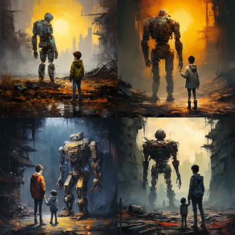 油画风格，机器人与小男孩，城市废墟，赛博朋克，透视效果，荒芜氛围，细节丰富，暖冷色调对比，广角镜头，侧光，静态，未来感，孤独感。