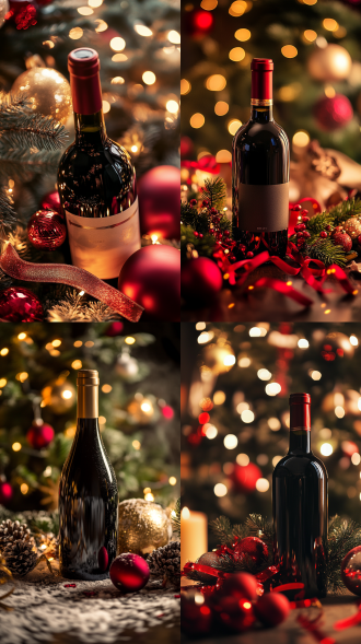 葡萄酒瓶置于元旦装饰旁，居中构图，色彩鲜艳，室内环境，长焦镜头，暖光，特写，有彩带元素，喜庆氛围，红色调。 莫奈 城市