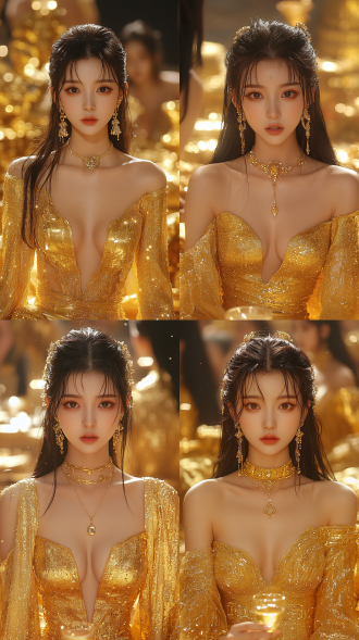 20岁中国青年女性，精致妆容，优雅喝葡萄酒，坐下，中心构图，高档餐厅内，奢华装饰环绕，低角度拍摄，暖色调，柔和光，优雅气质。