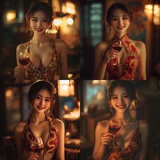 中国美女，祥瑞金蛇灵动绕身，手持红葡萄酒杯，图案精致，微笑，正面构图，室内，暖色调，长焦镜头，柔光灯，优雅，8k画质。