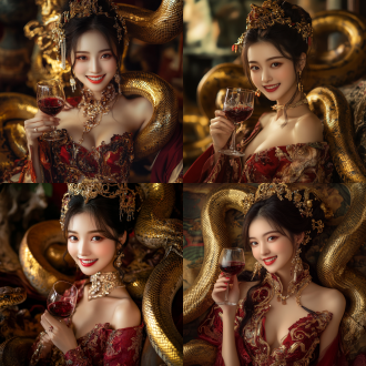中国美女，金蟒蛇环绕身体，手持红葡萄酒杯微笑，正中央构图，室内环境，8k画质，长焦镜头，暖光，精致图案，优雅。