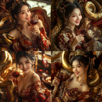 中国美女，金蟒蛇环绕身体，手持红葡萄酒杯微笑，正中央构图，室内环境，8k画质，长焦镜头，暖光，精致图案，优雅。