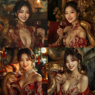 中国美女，金蟒蛇环绕身体，手持红葡萄酒杯微笑，正面构图，室内环境，8k画质，长焦镜头，暖光，细节丰富，色彩艳丽，优雅。