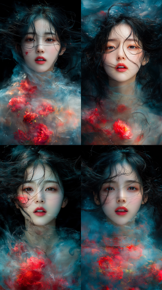 20岁亚洲女性漂浮空中拿红葡萄酒，中心构图，梦幻背景，柔焦镜头，暖光，慢快门，飘逸，浪漫色调，陶醉神情。