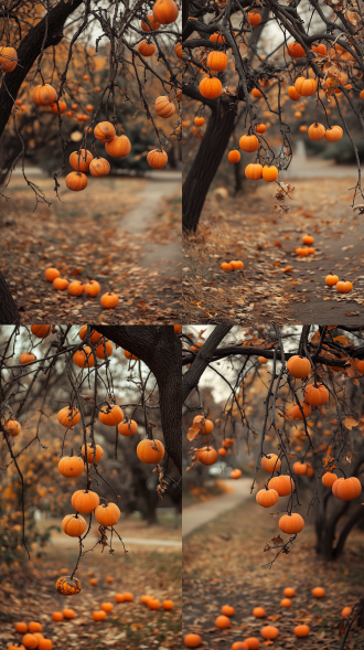 柿子树半挂入镜，三分构图，洁净地面，成熟柿子挂满枝头，有掉落柿子，暖色调，长焦镜头，自然光，静谧，丰收感。